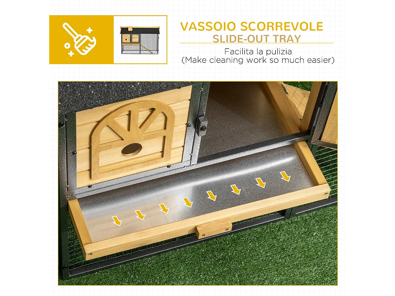 Conigliera da esterno a 2 livelli in legno di abete e acciaio con vassoio