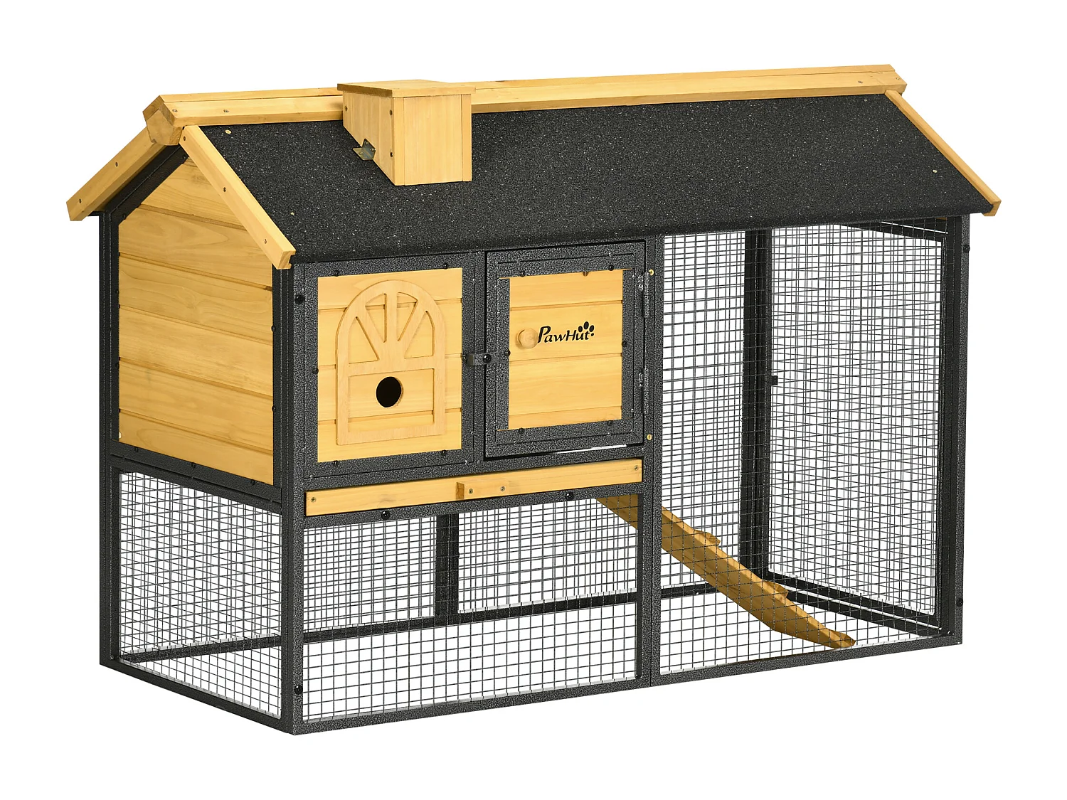 Conigliera da esterno a 2 livelli in legno di abete e acciaio con vassoio