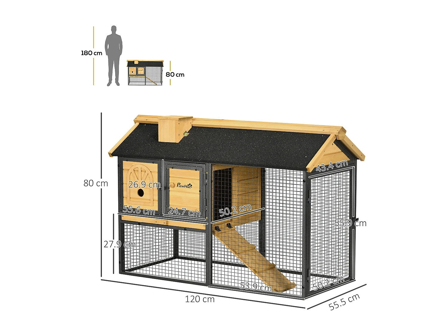 Conigliera da esterno a 2 livelli in legno di abete e acciaio con vassoio