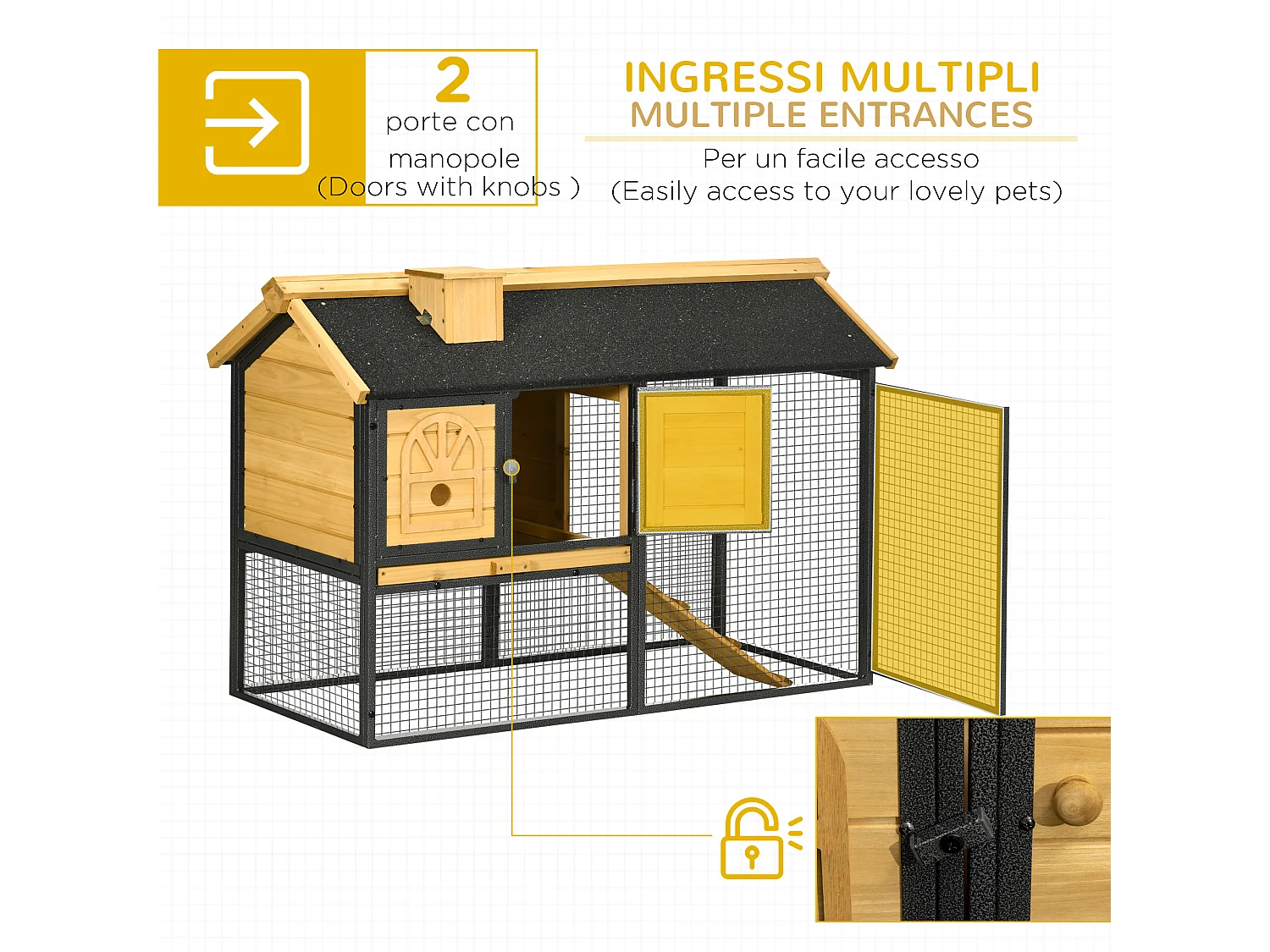 Conigliera da esterno a 2 livelli in legno di abete e acciaio con vassoio