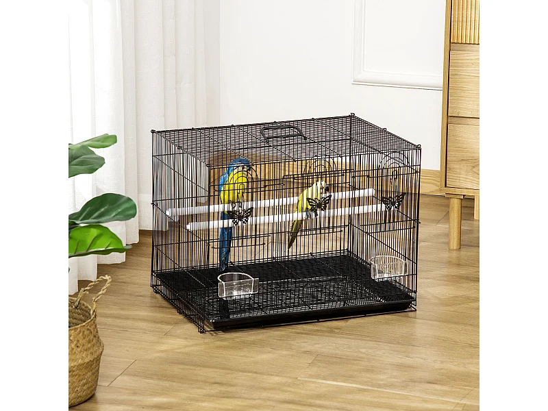 Gabbia per uccelli con 2 posatoi e 3 ingressi in metallo e plastica nero