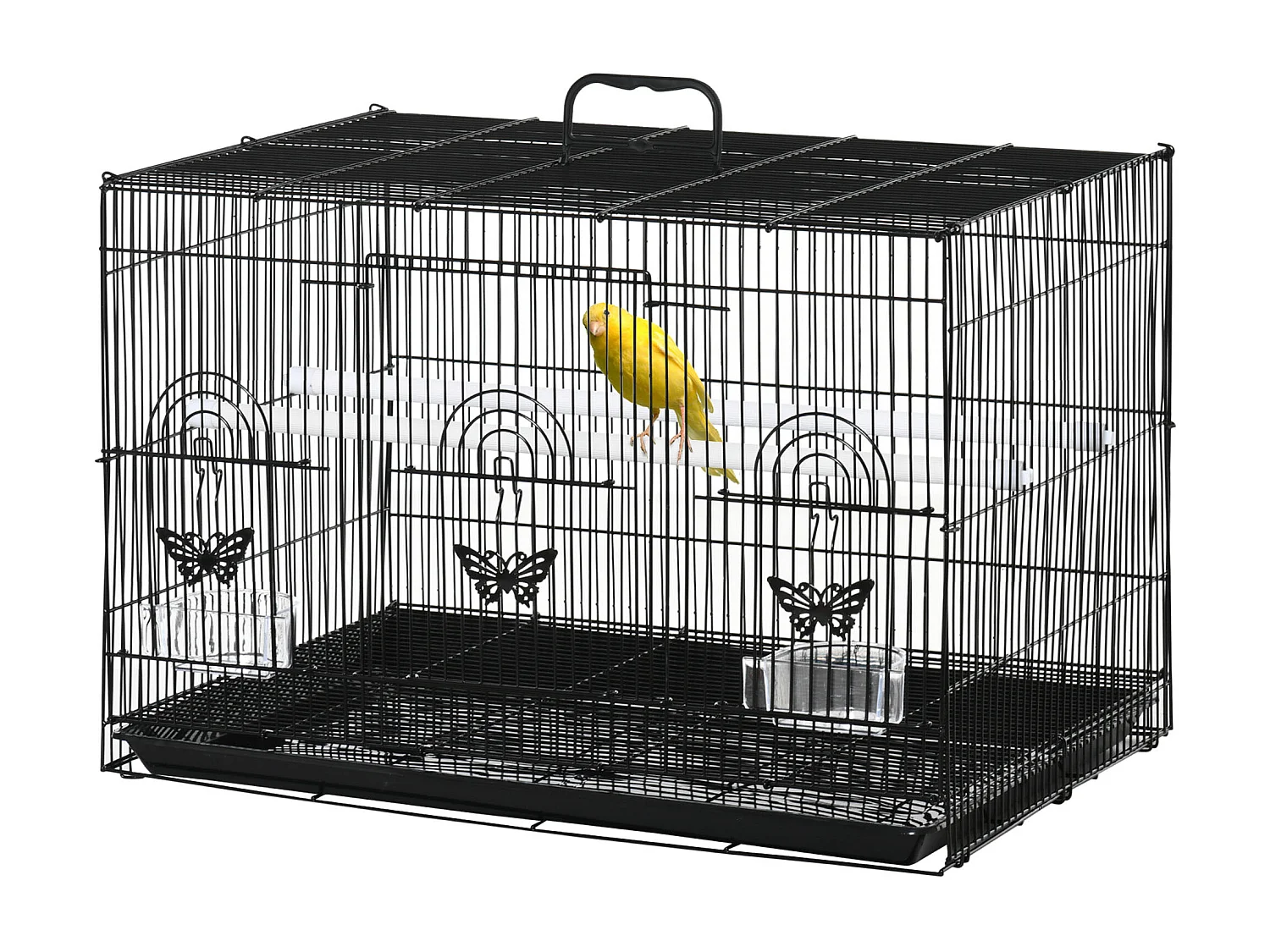 Gabbia per uccelli con 2 posatoi e 3 ingressi in metallo e plastica nero