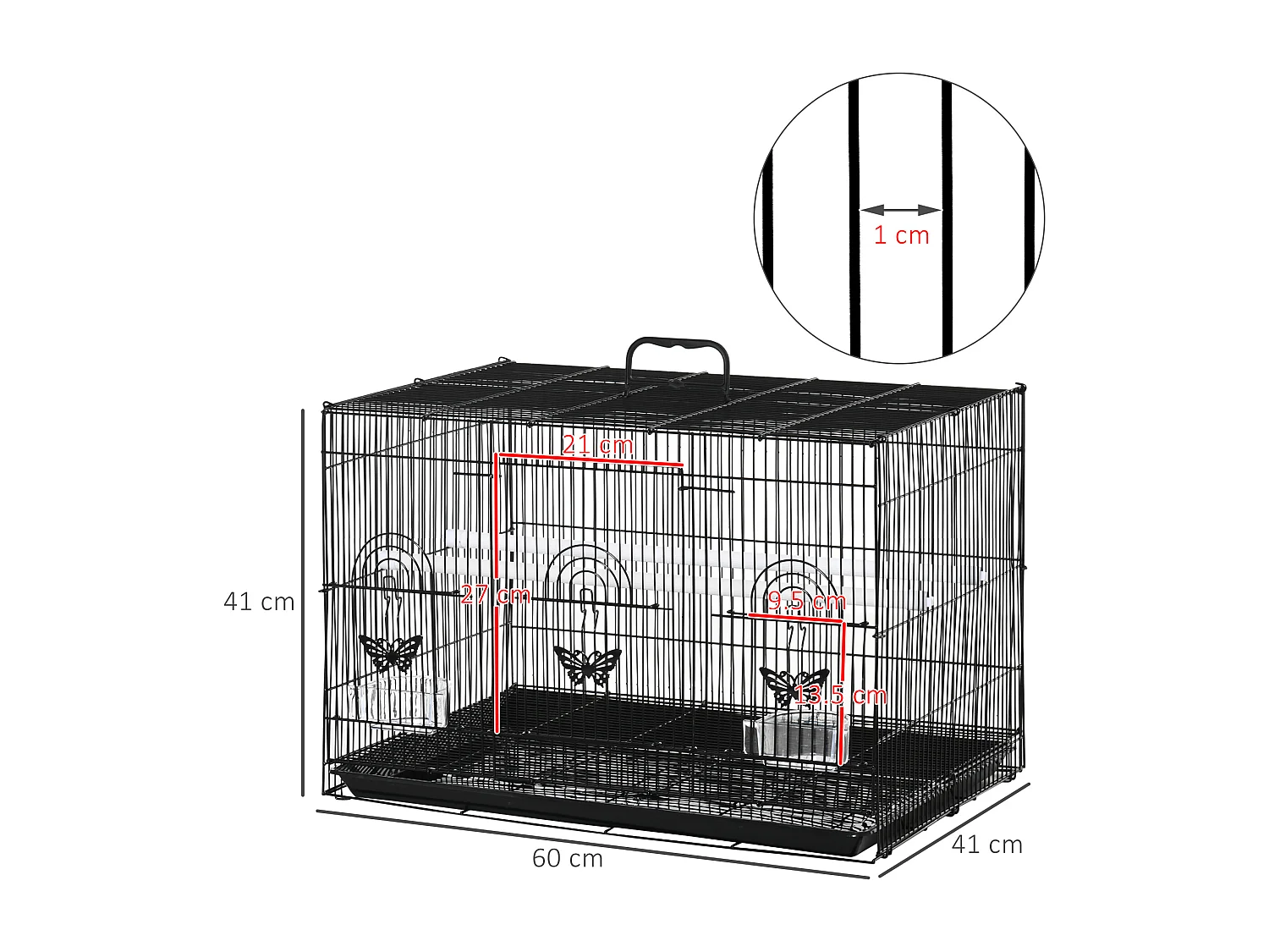 Gabbia per uccelli con 2 posatoi e 3 ingressi in metallo e plastica nero