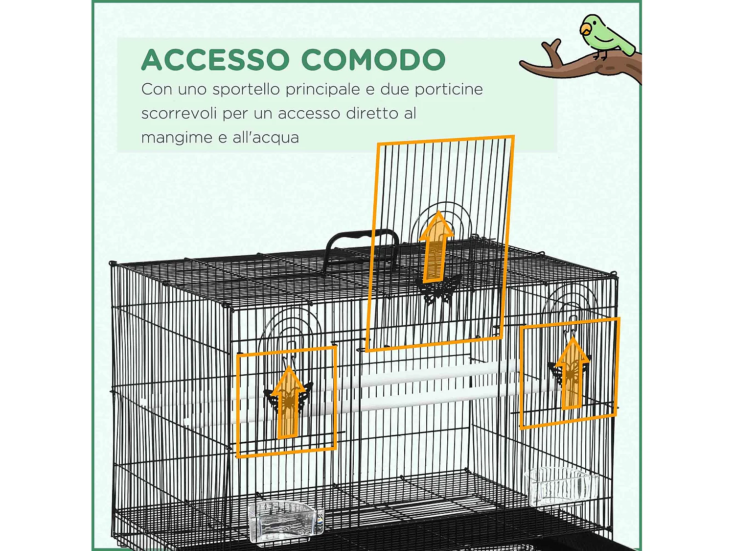 Gabbia per uccelli con 2 posatoi e 3 ingressi in metallo e plastica nero