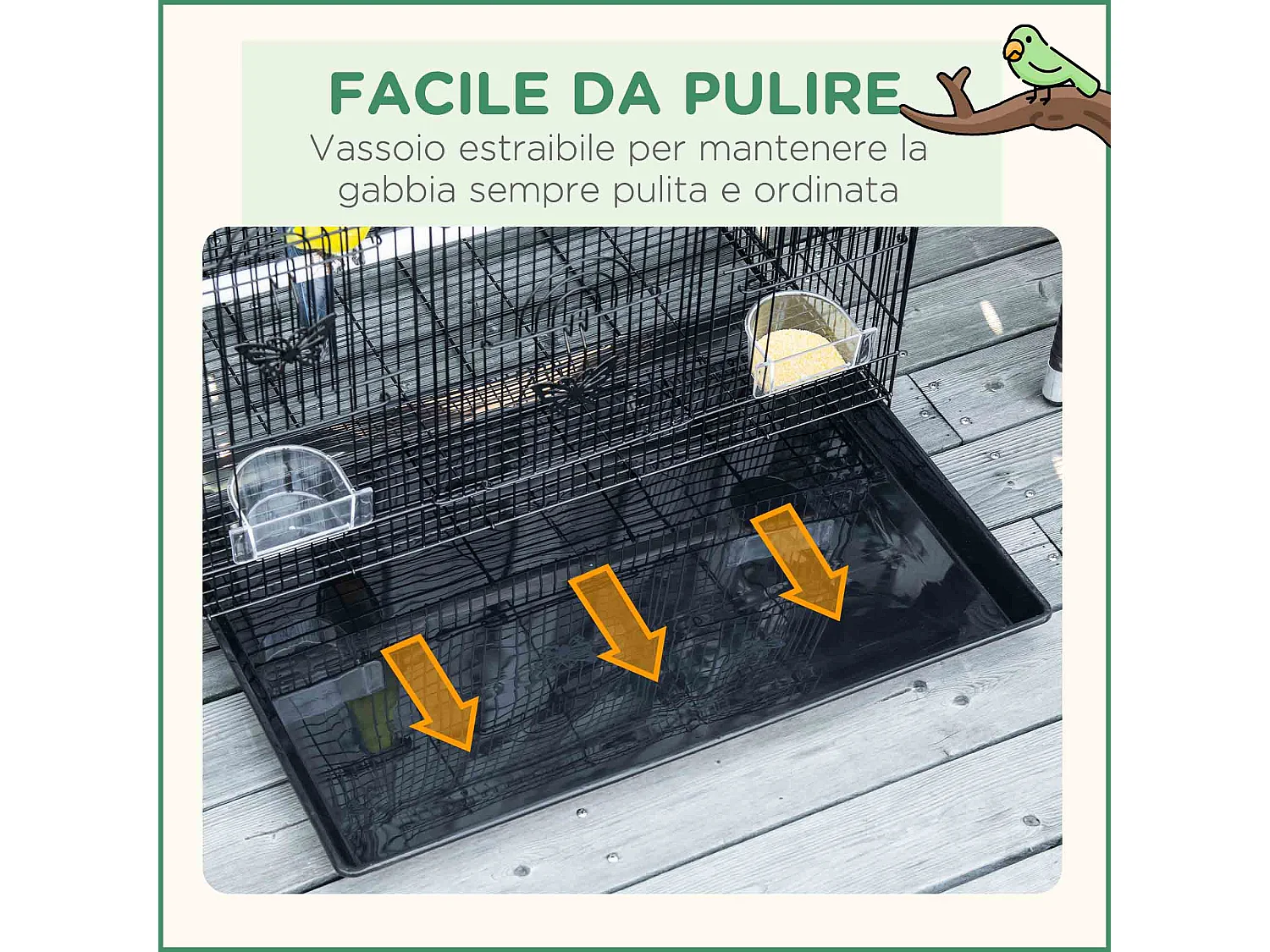 Gabbia per uccelli con 2 posatoi e 3 ingressi in metallo e plastica nero