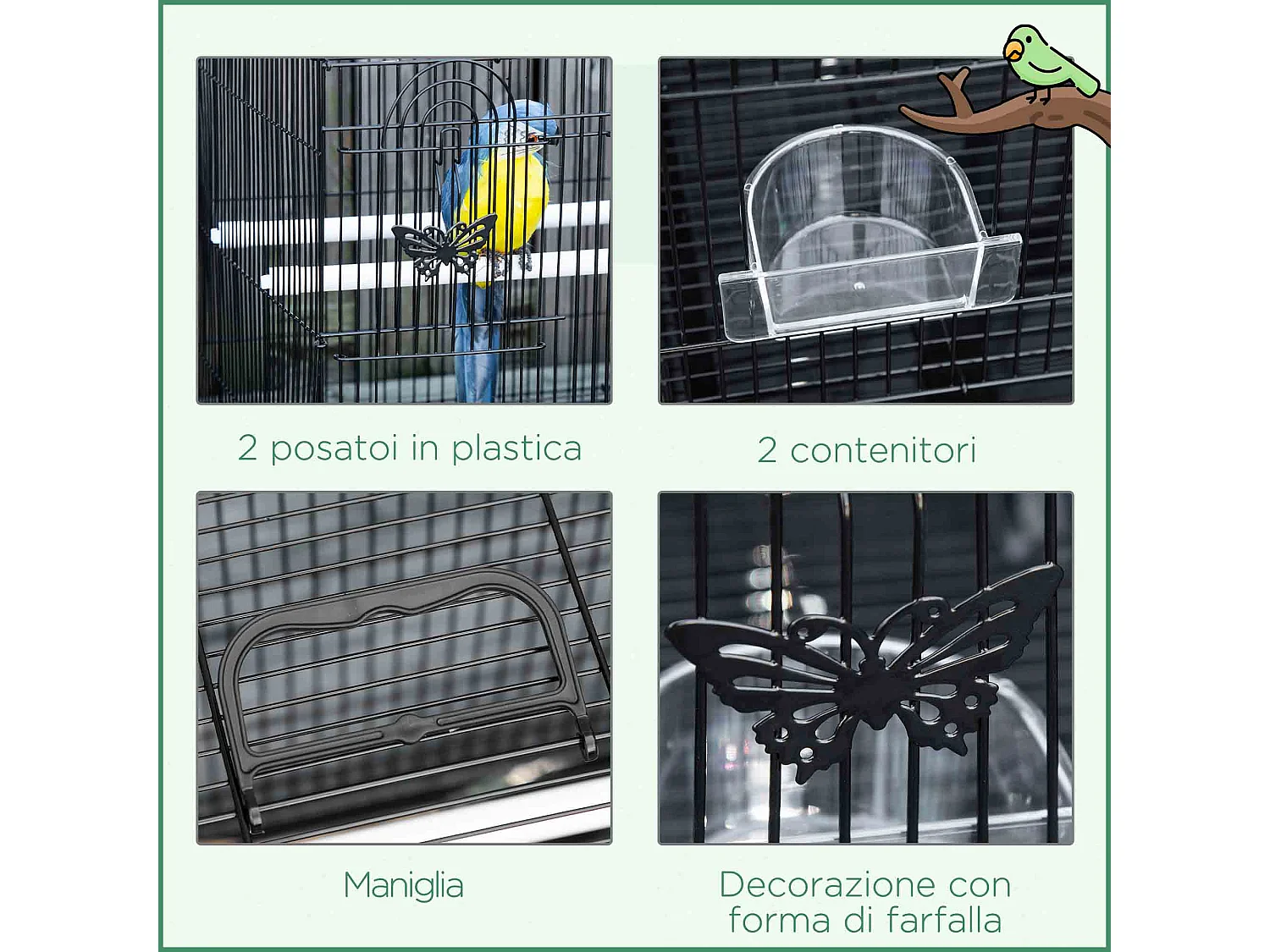 Gabbia per uccelli con 2 posatoi e 3 ingressi in metallo e plastica nero