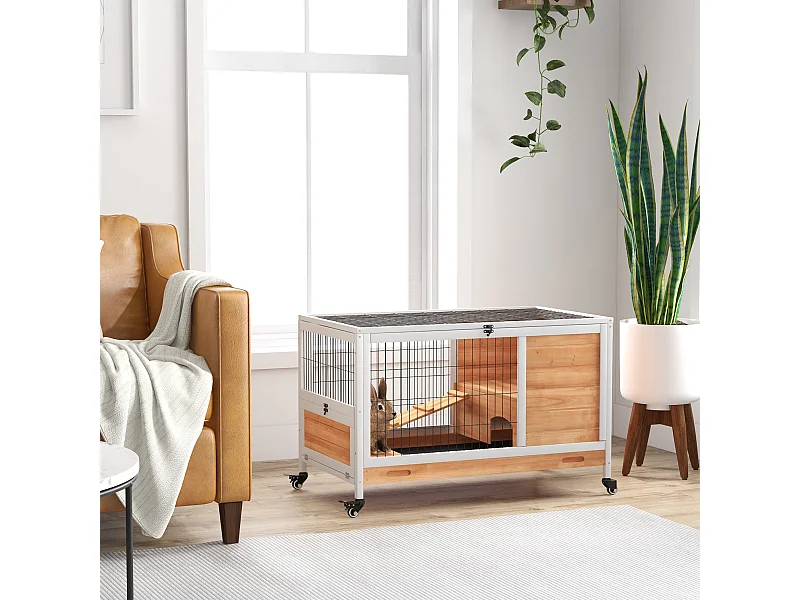 Conigliera in legno con 4 ruote, casetta per conigli e rampa giallo