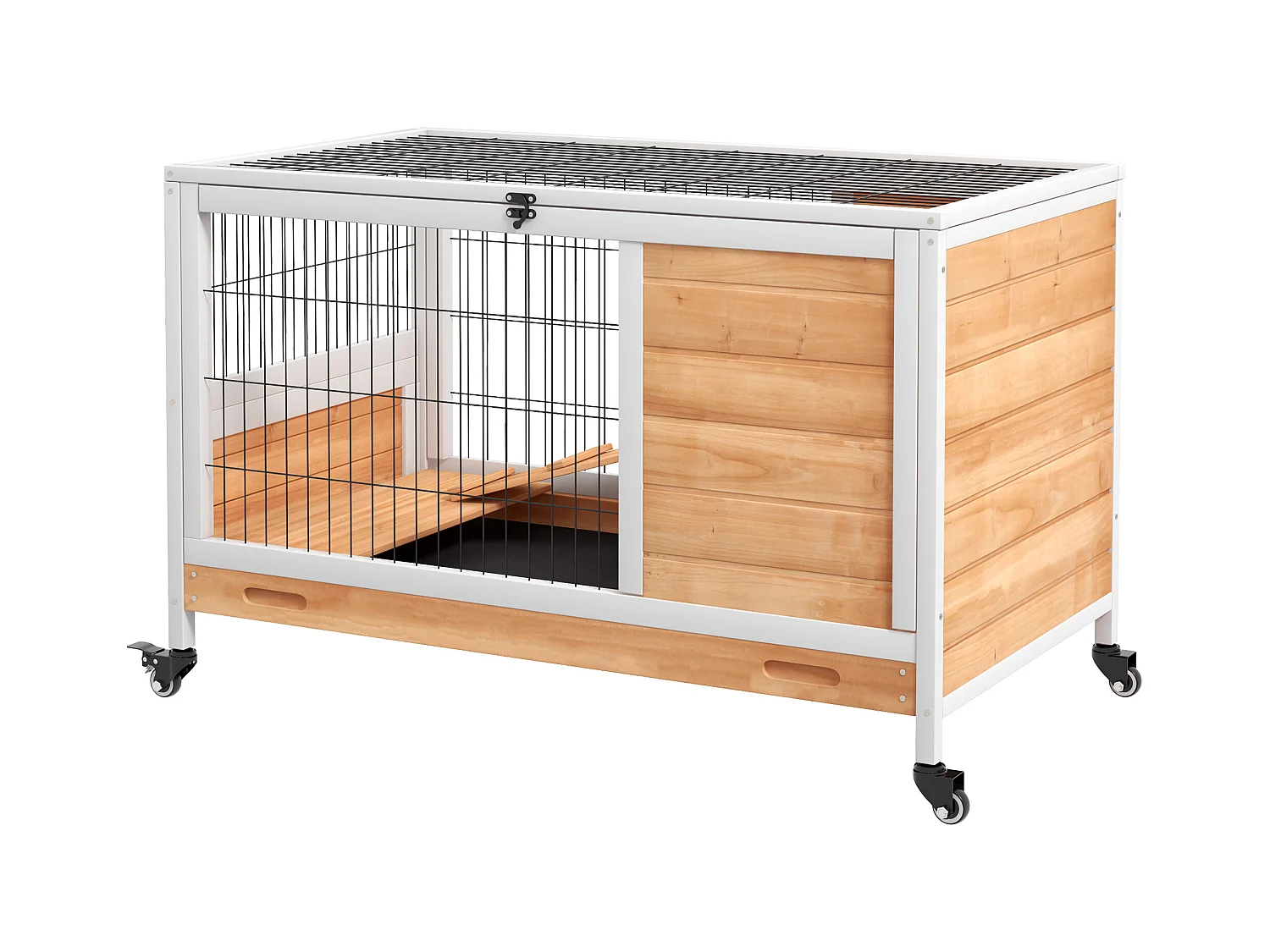 Conigliera in legno con 4 ruote, casetta per conigli e rampa giallo