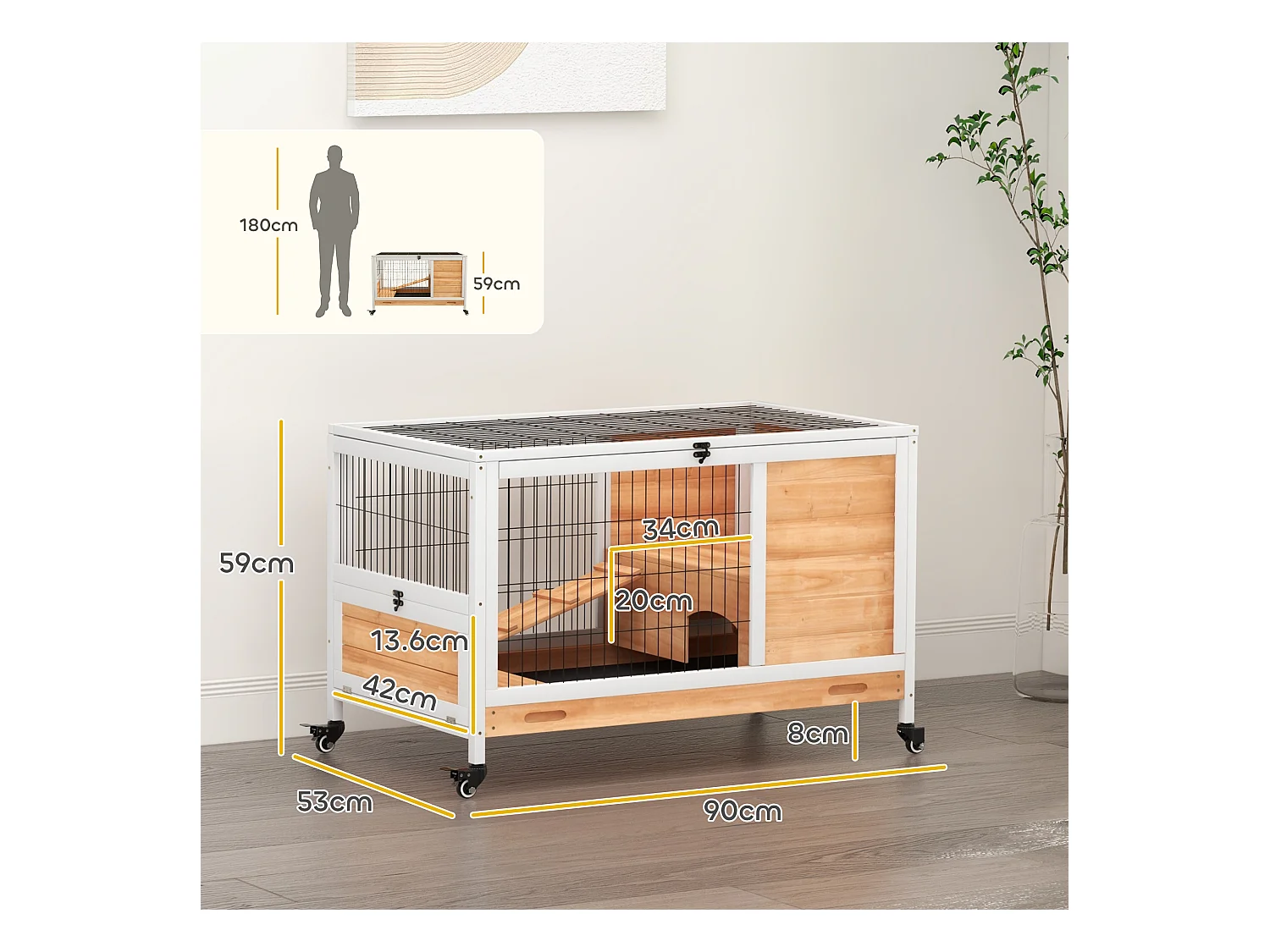 Conigliera in legno con 4 ruote, casetta per conigli e rampa giallo