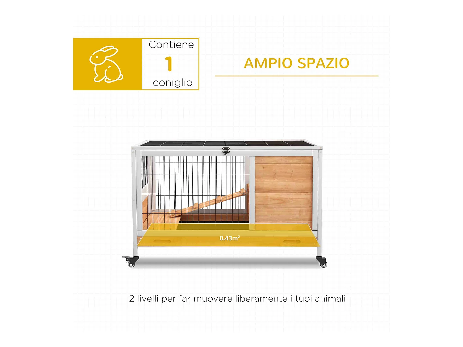 Conigliera in legno con 4 ruote, casetta per conigli e rampa giallo