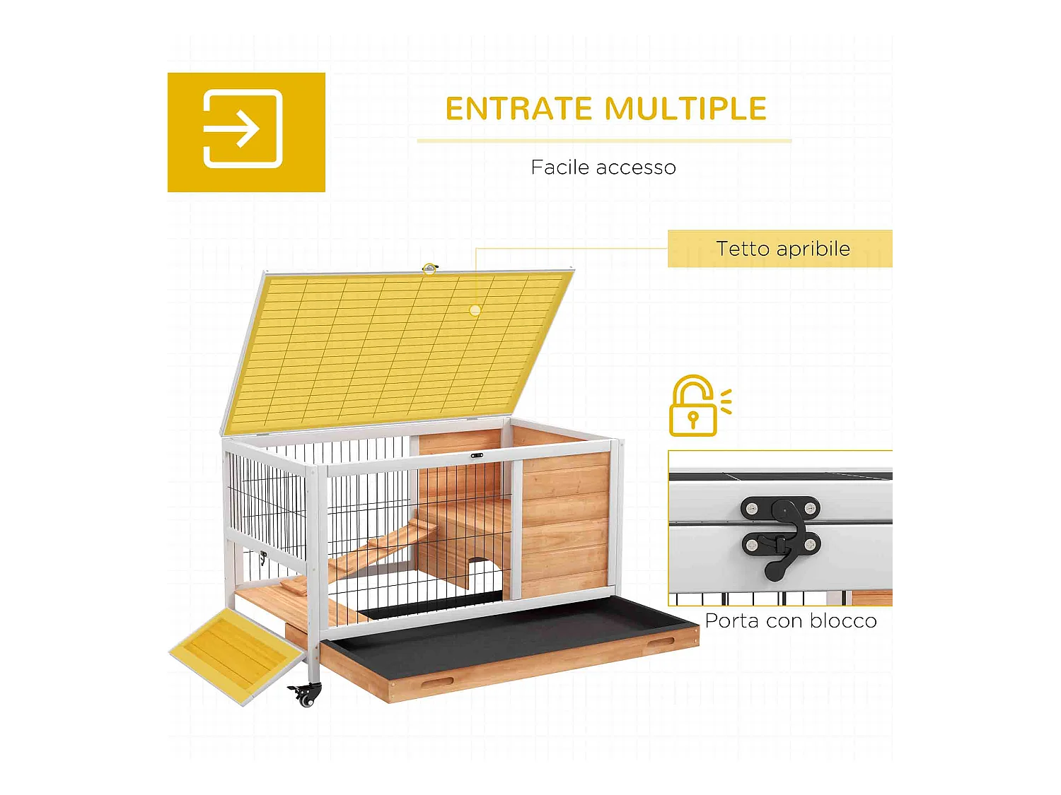 Conigliera in legno con 4 ruote, casetta per conigli e rampa giallo