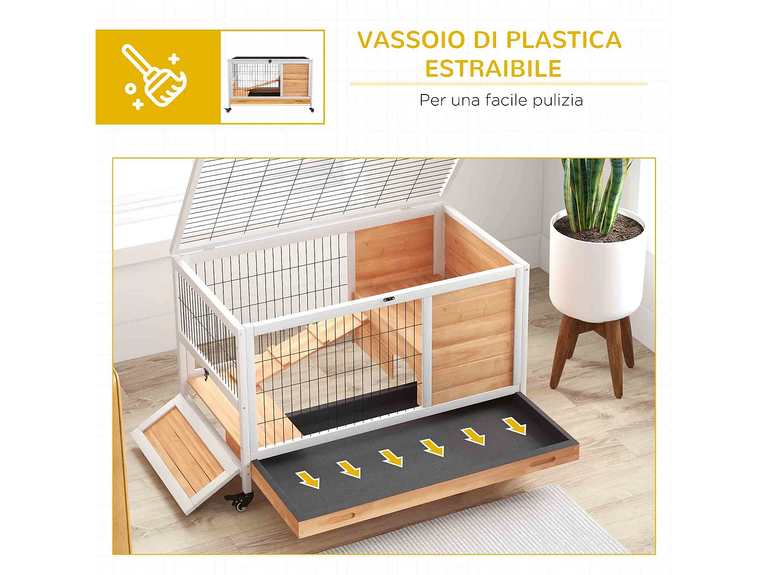 Conigliera in legno con 4 ruote, casetta per conigli e rampa giallo