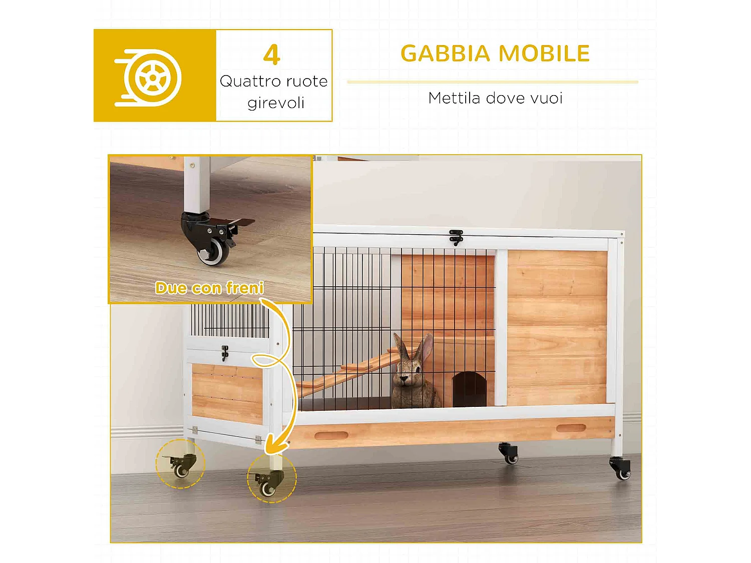 Conigliera in legno con 4 ruote, casetta per conigli e rampa giallo