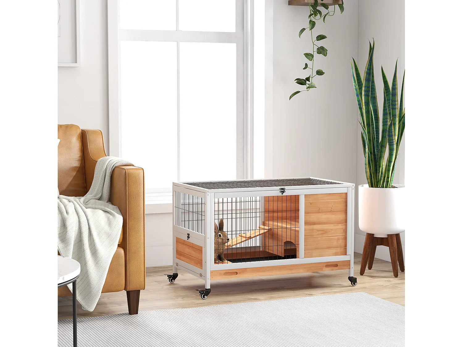 Conigliera in legno con 4 ruote, casetta per conigli e rampa giallo