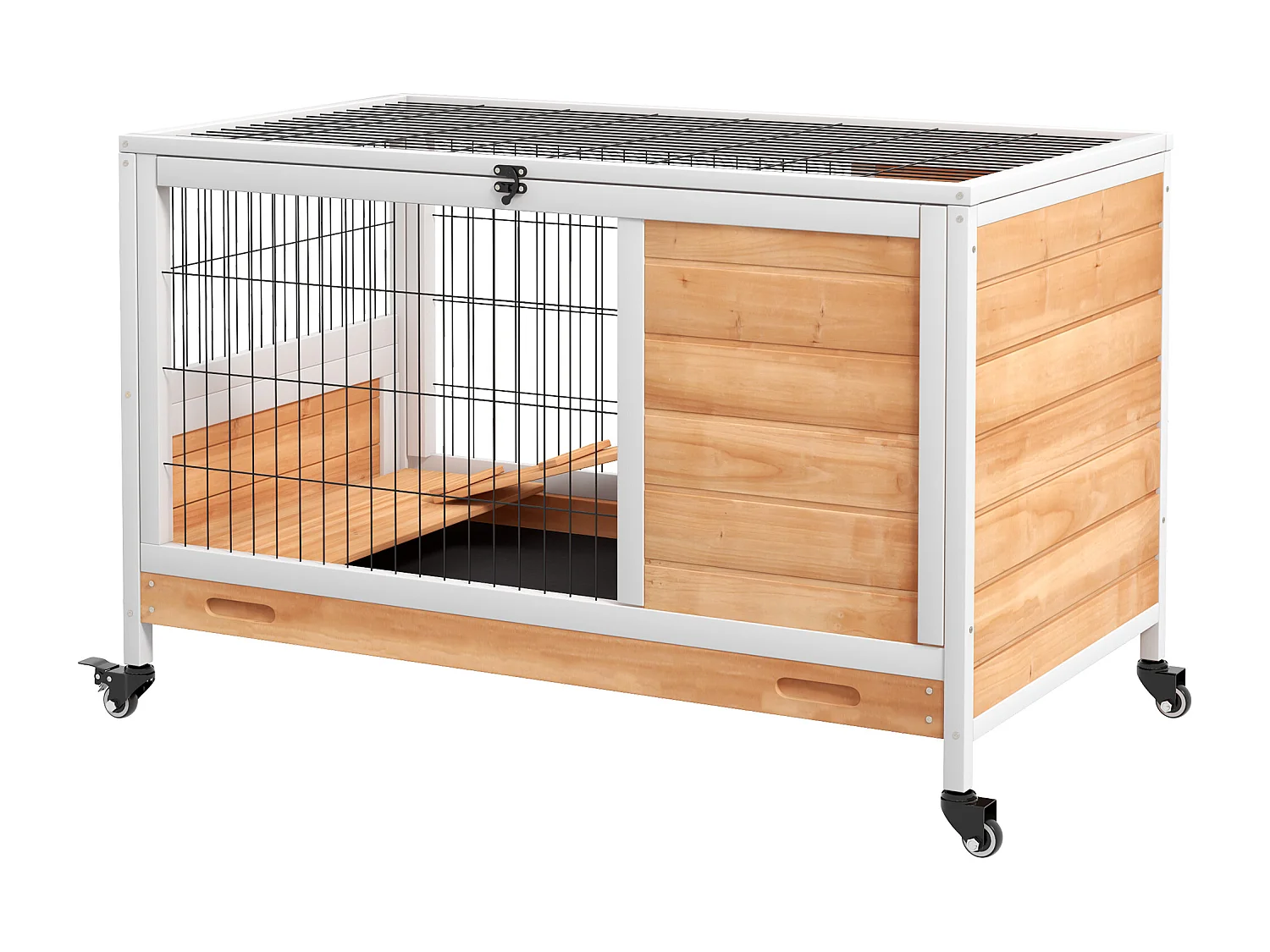 Conigliera in legno con 4 ruote, casetta per conigli e rampa giallo