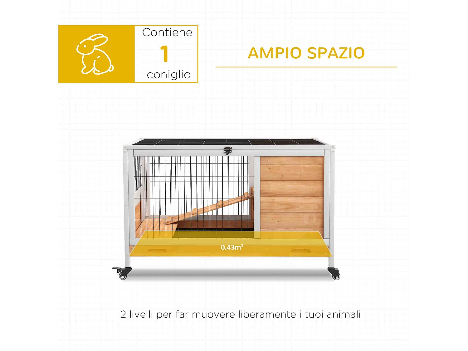 Conigliera in legno con 4 ruote, casetta per conigli e rampa giallo