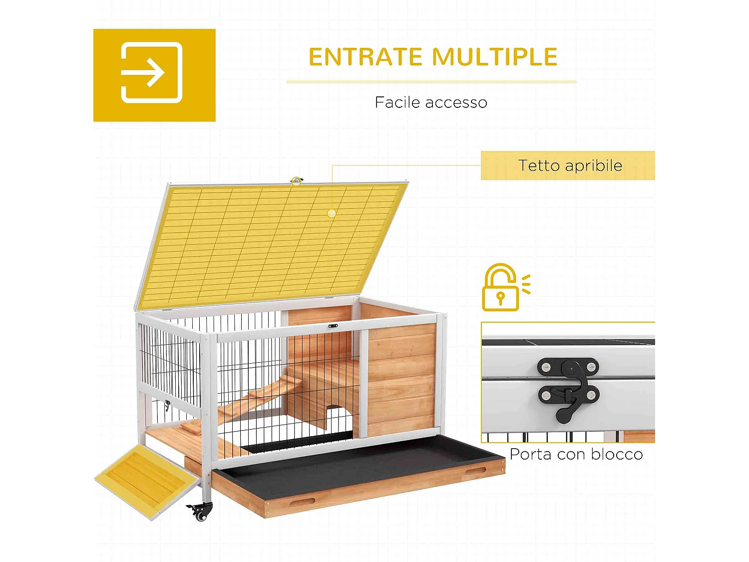 Conigliera in legno con 4 ruote, casetta per conigli e rampa giallo
