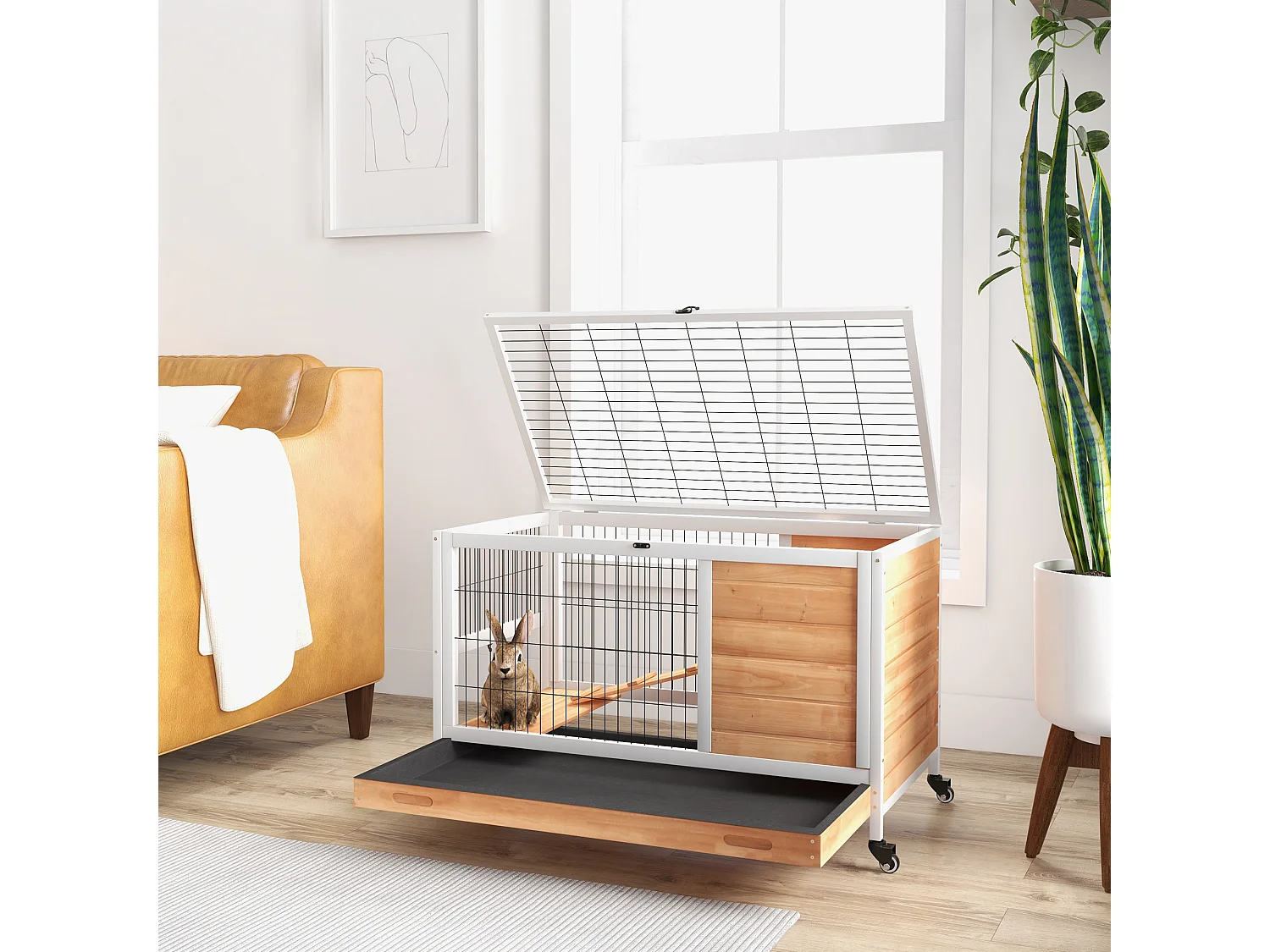 Conigliera in legno con 4 ruote, casetta per conigli e rampa giallo