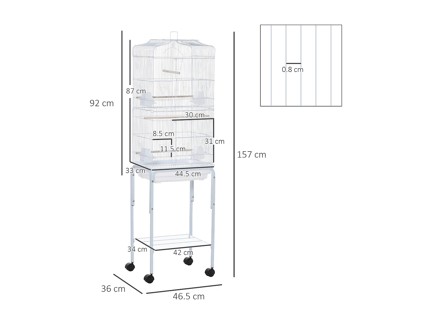Gabbia per uccelli voliera in metallo e acciaio 46.5x36x157cm bianco