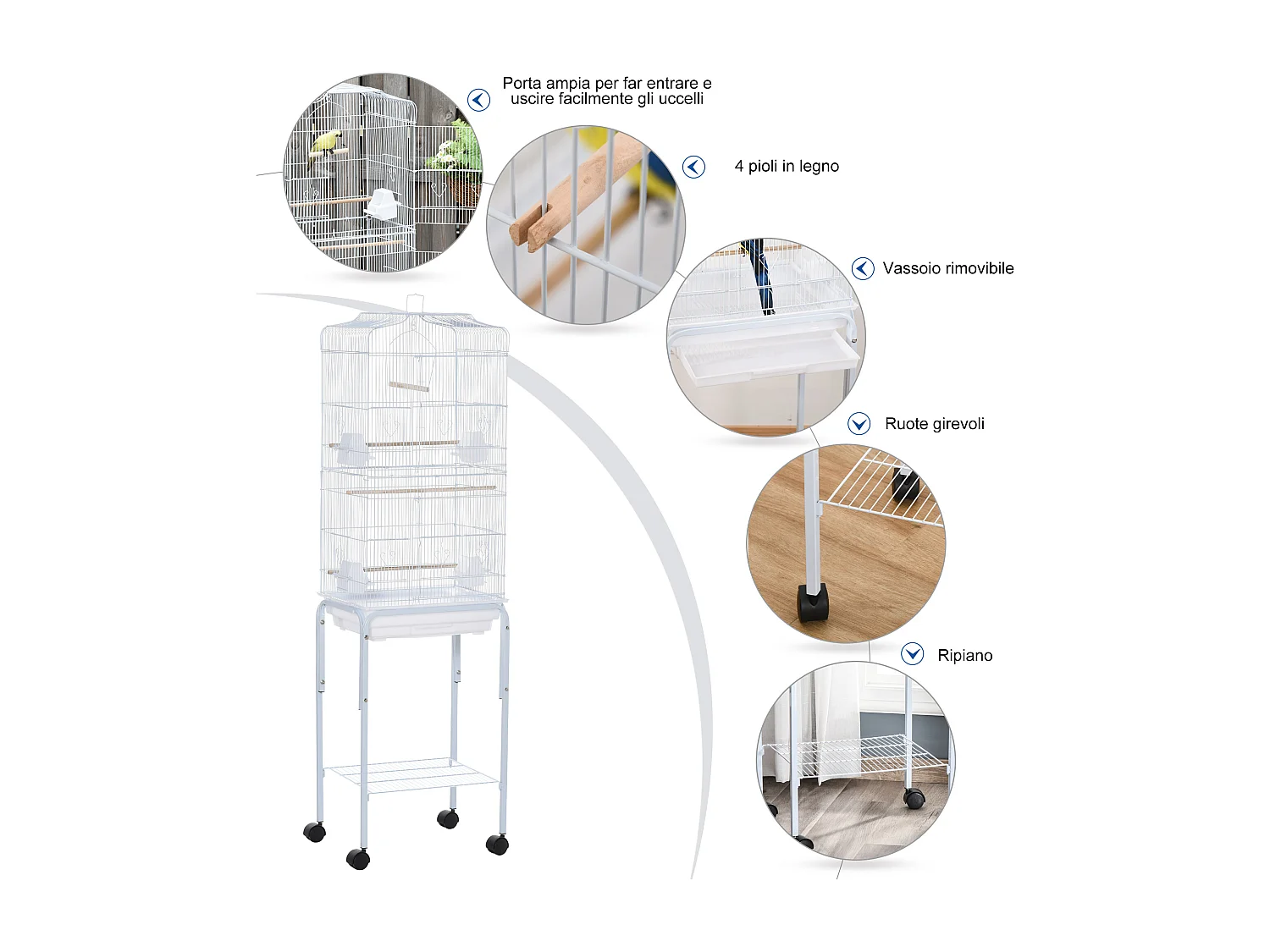 Gabbia per uccelli voliera in metallo e acciaio 46.5x36x157cm bianco
