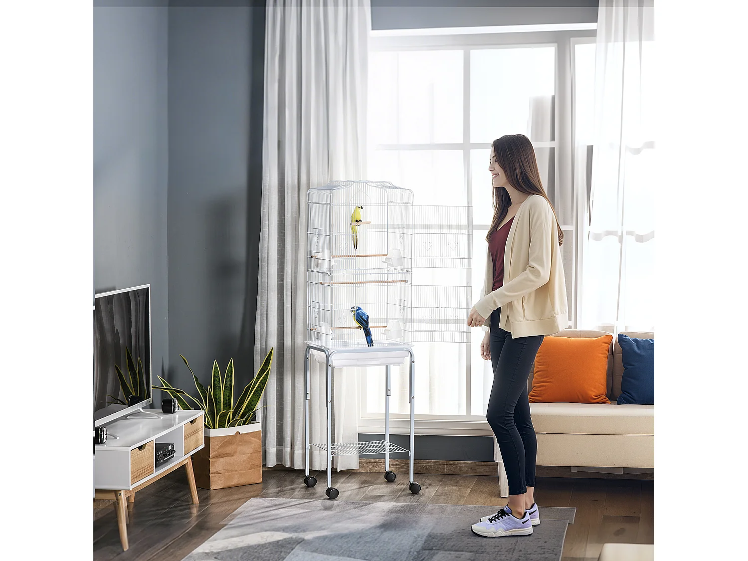 Gabbia per uccelli voliera in metallo e acciaio 46.5x36x157cm bianco