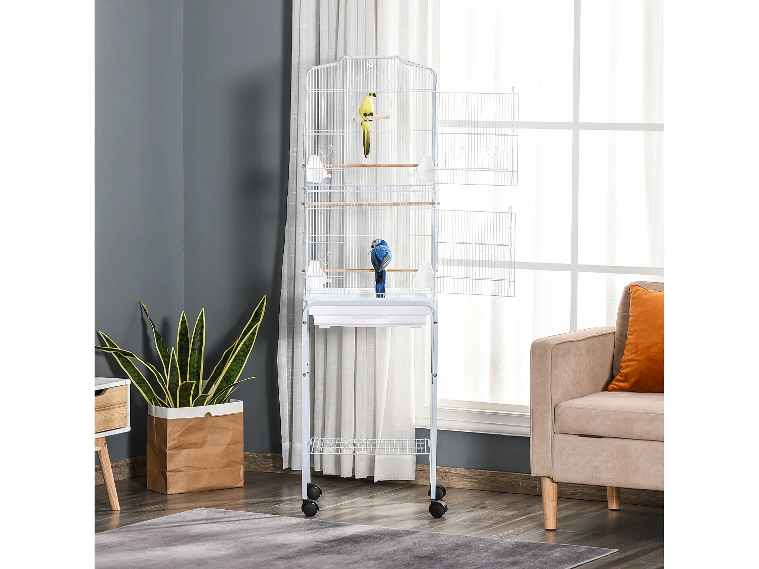 Gabbia per uccelli voliera in metallo e acciaio 46.5x36x157cm bianco