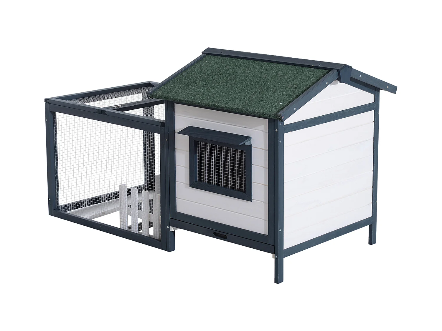 Conigliera da esterno in legno con casetta e area di corsa verde e bianco