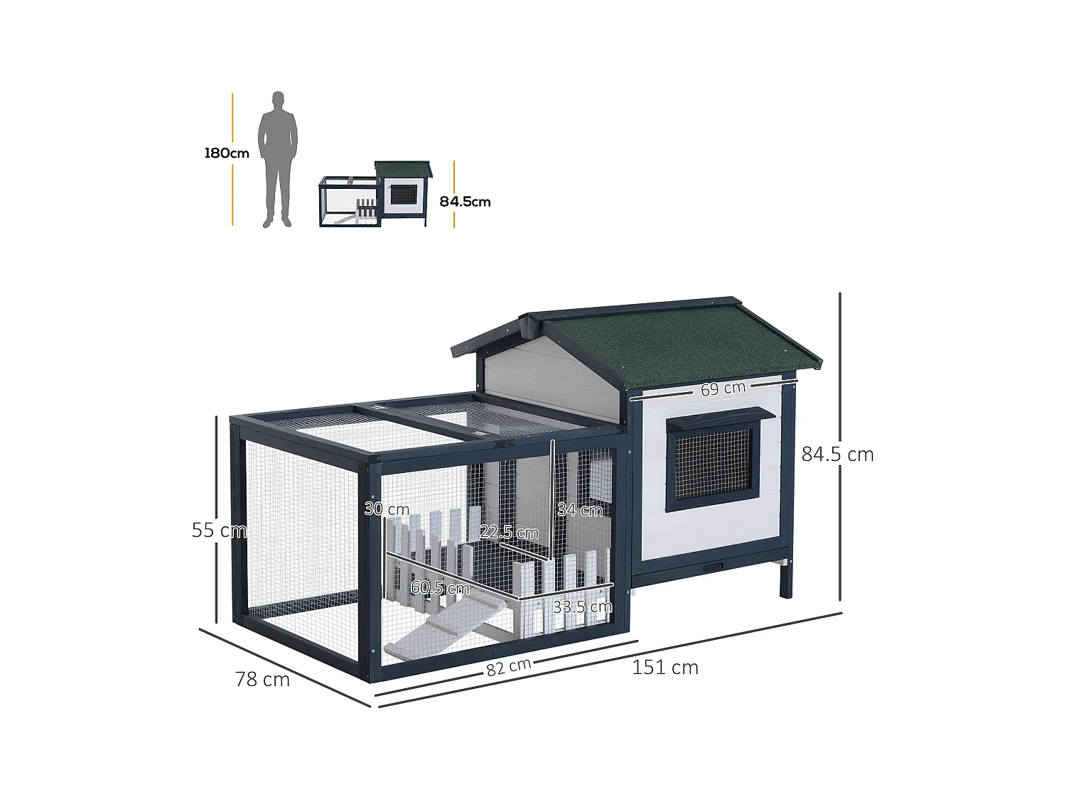 Conigliera da esterno in legno con casetta e area di corsa verde e bianco