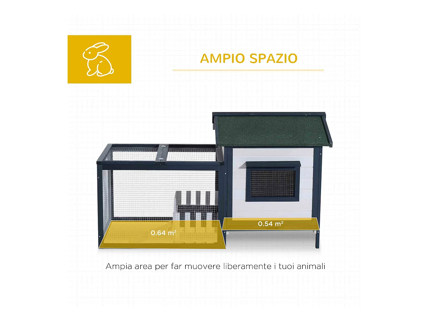 Conigliera da esterno in legno con casetta e area di corsa verde e bianco