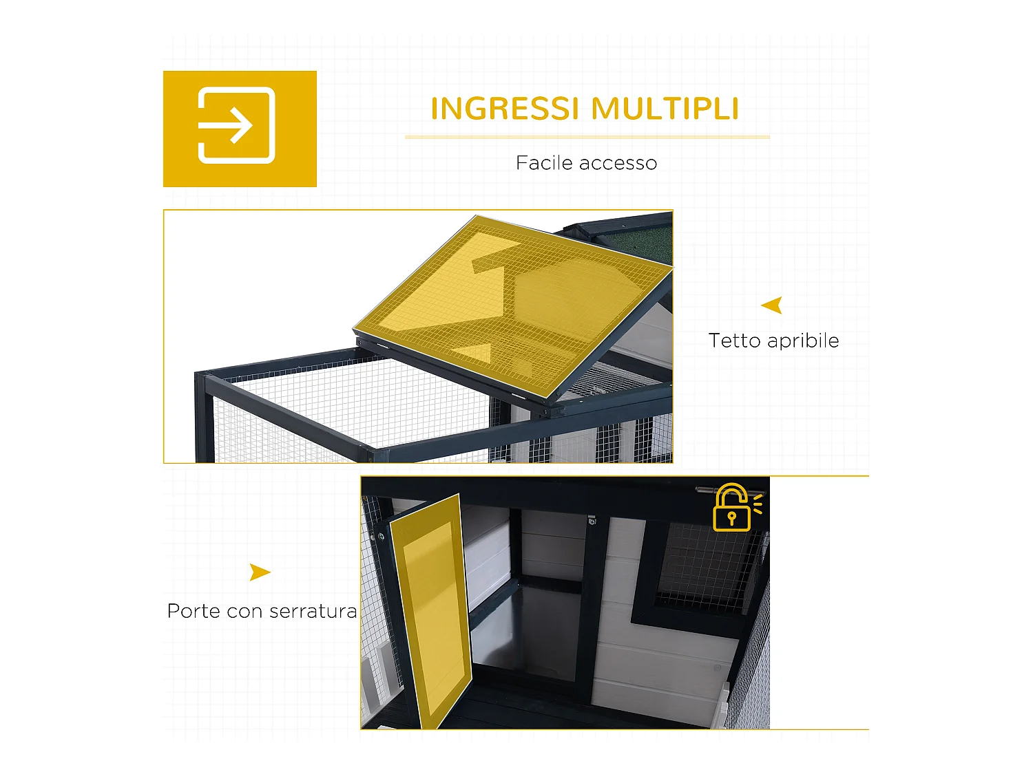 Conigliera da esterno in legno con casetta e area di corsa verde e bianco