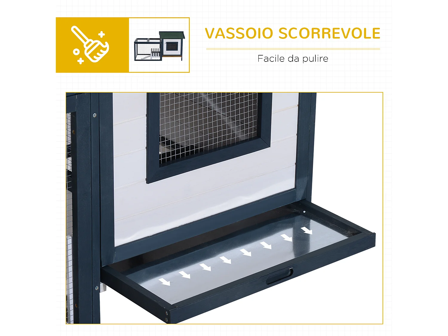 Conigliera da esterno in legno con casetta e area di corsa verde e bianco