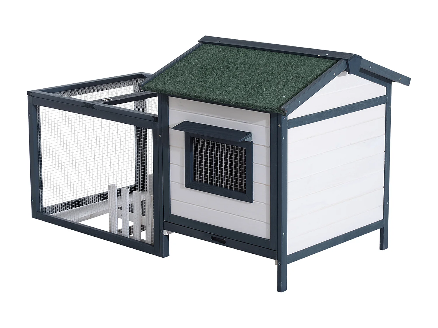 Conigliera da esterno in legno con casetta e area di corsa verde e bianco