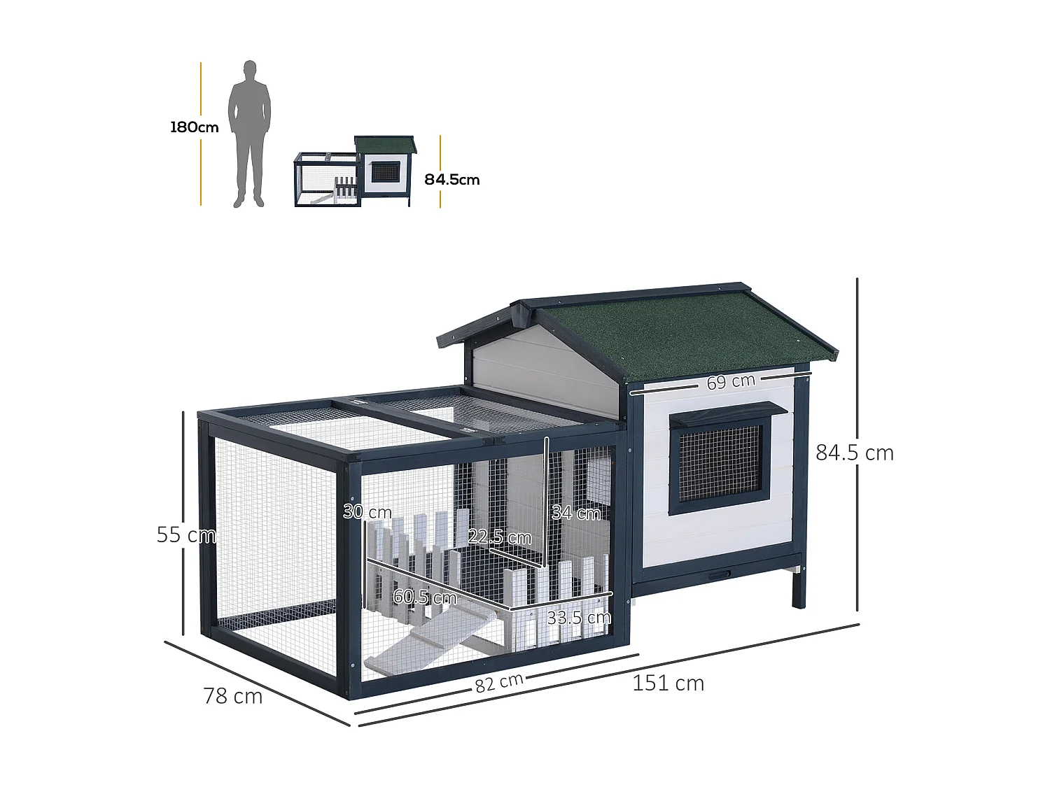 Conigliera da esterno in legno con casetta e area di corsa verde e bianco