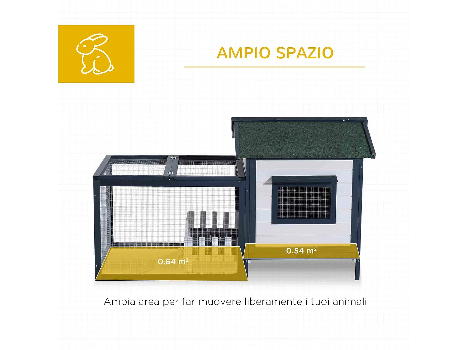 Conigliera da esterno in legno con casetta e area di corsa verde e bianco