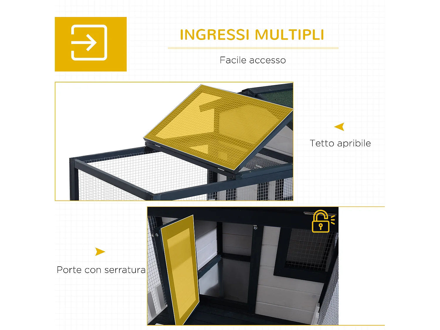 Conigliera da esterno in legno con casetta e area di corsa verde e bianco