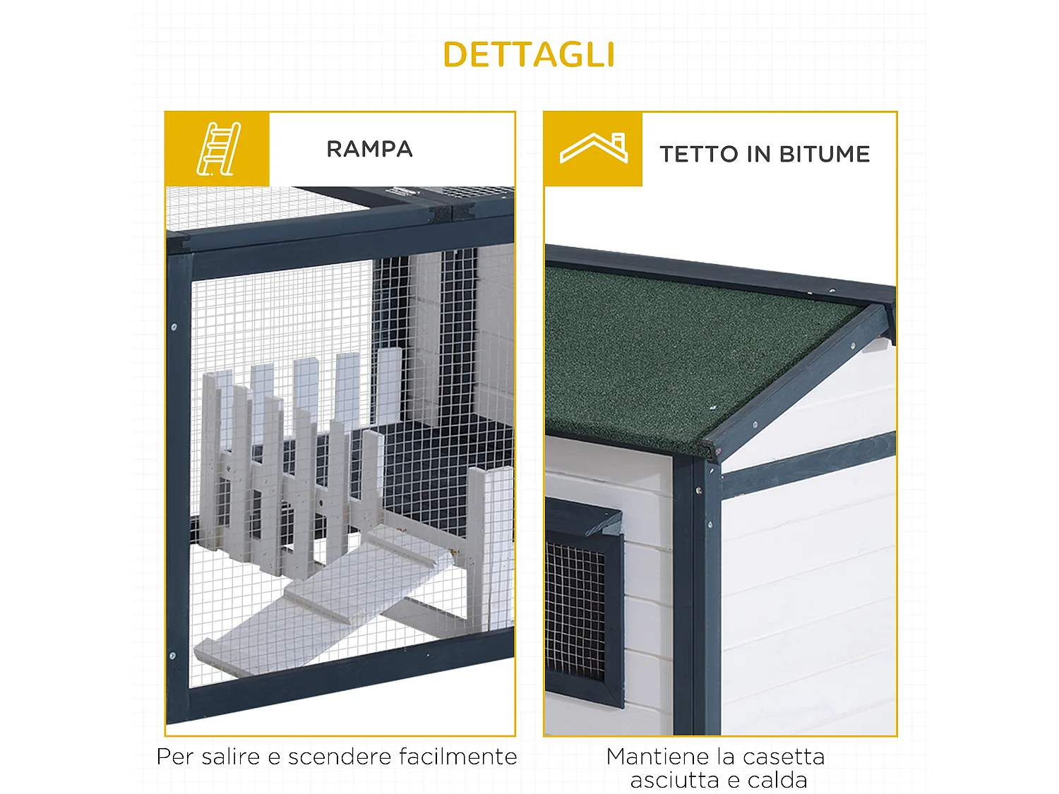 Conigliera da esterno in legno con casetta e area di corsa verde e bianco