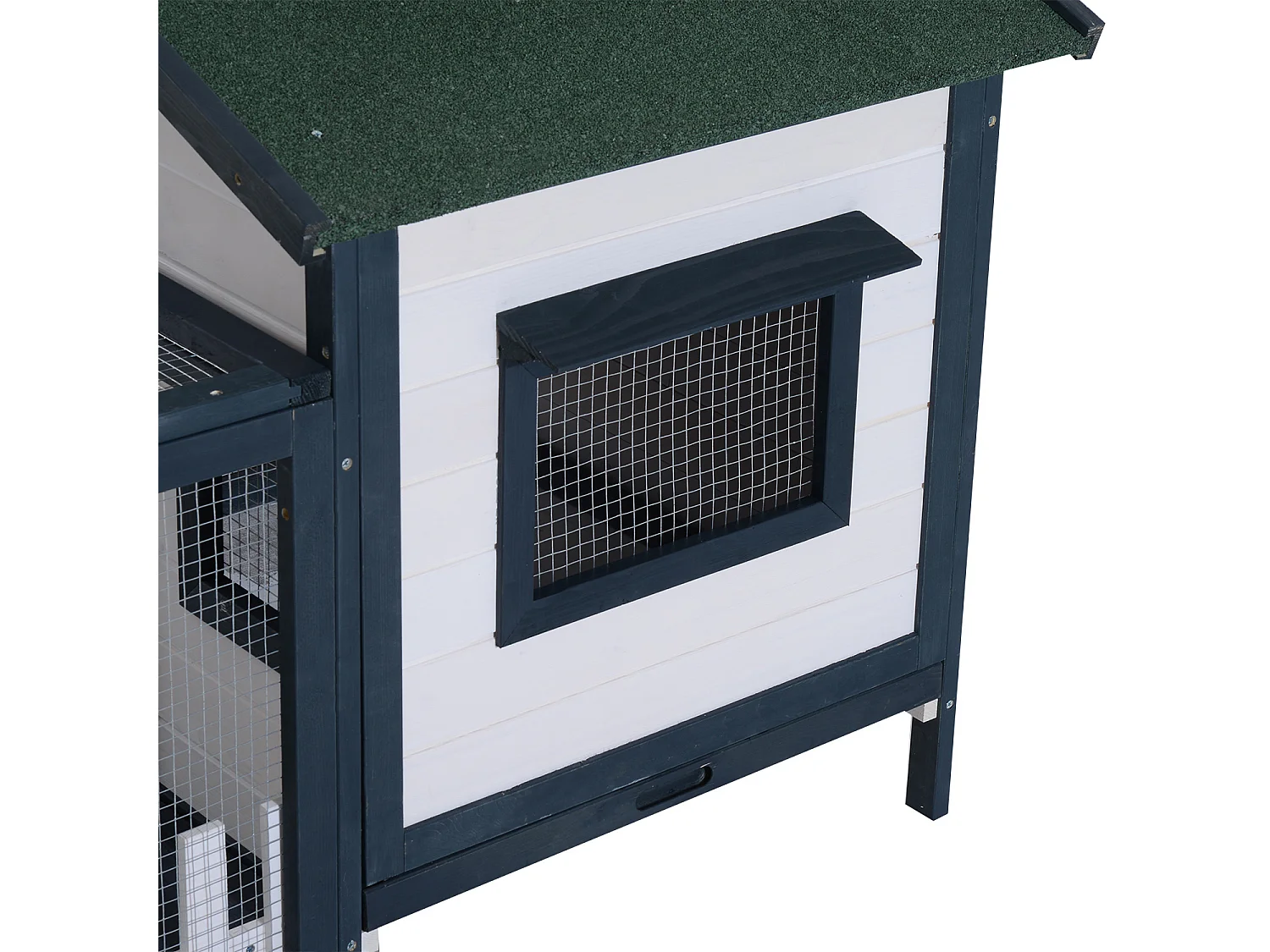 Conigliera da esterno in legno con casetta e area di corsa verde e bianco