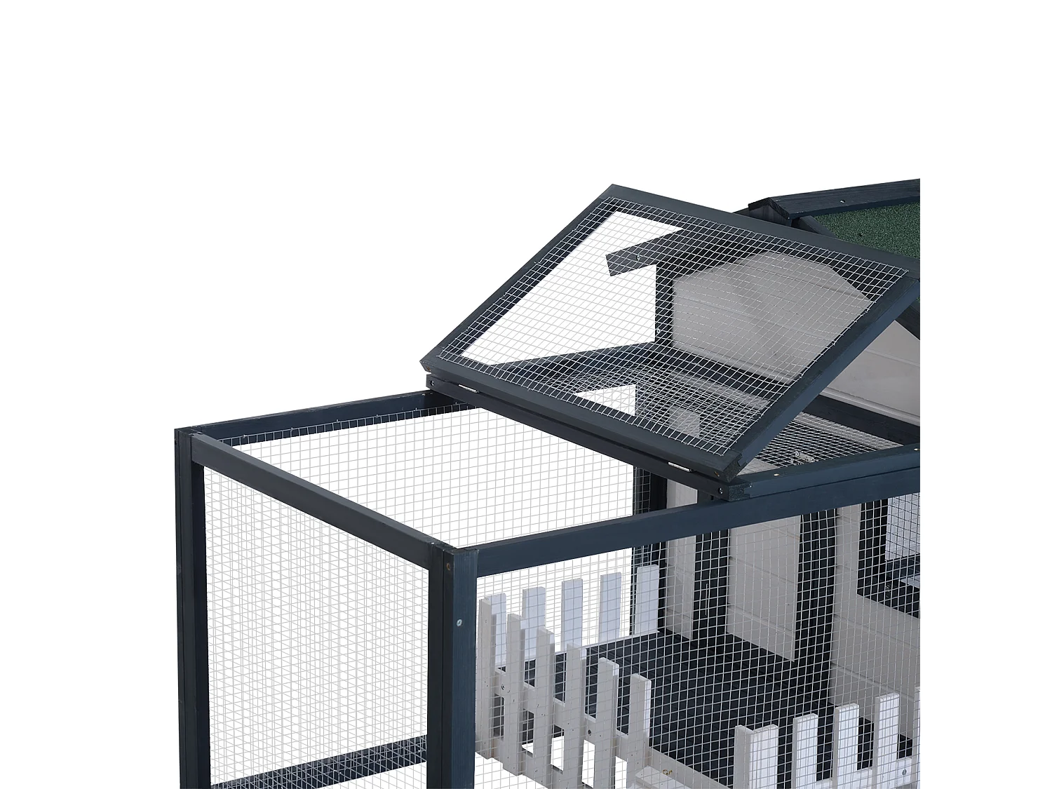 Conigliera da esterno in legno con casetta e area di corsa verde e bianco