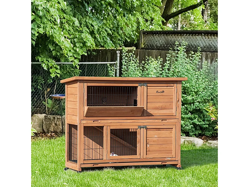 Conigliera in legno a 2 livelli con ruote vassoio estraibile rampa