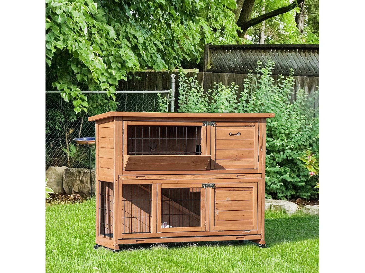 Conigliera in legno a 2 livelli con ruote vassoio estraibile rampa