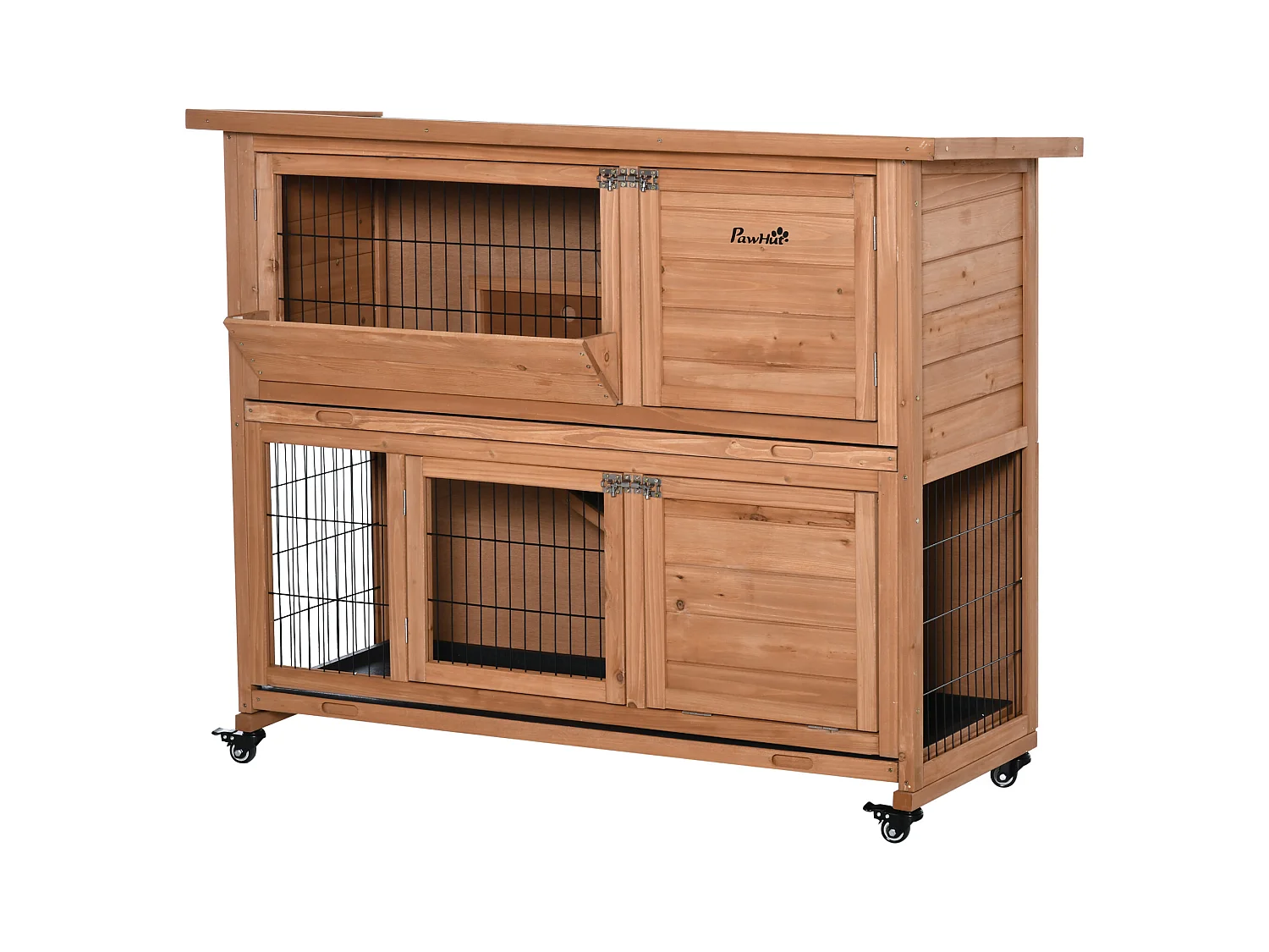 Conigliera in legno a 2 livelli con ruote vassoio estraibile rampa