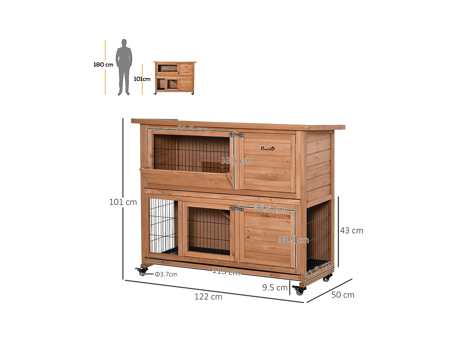 Conigliera in legno a 2 livelli con ruote vassoio estraibile rampa