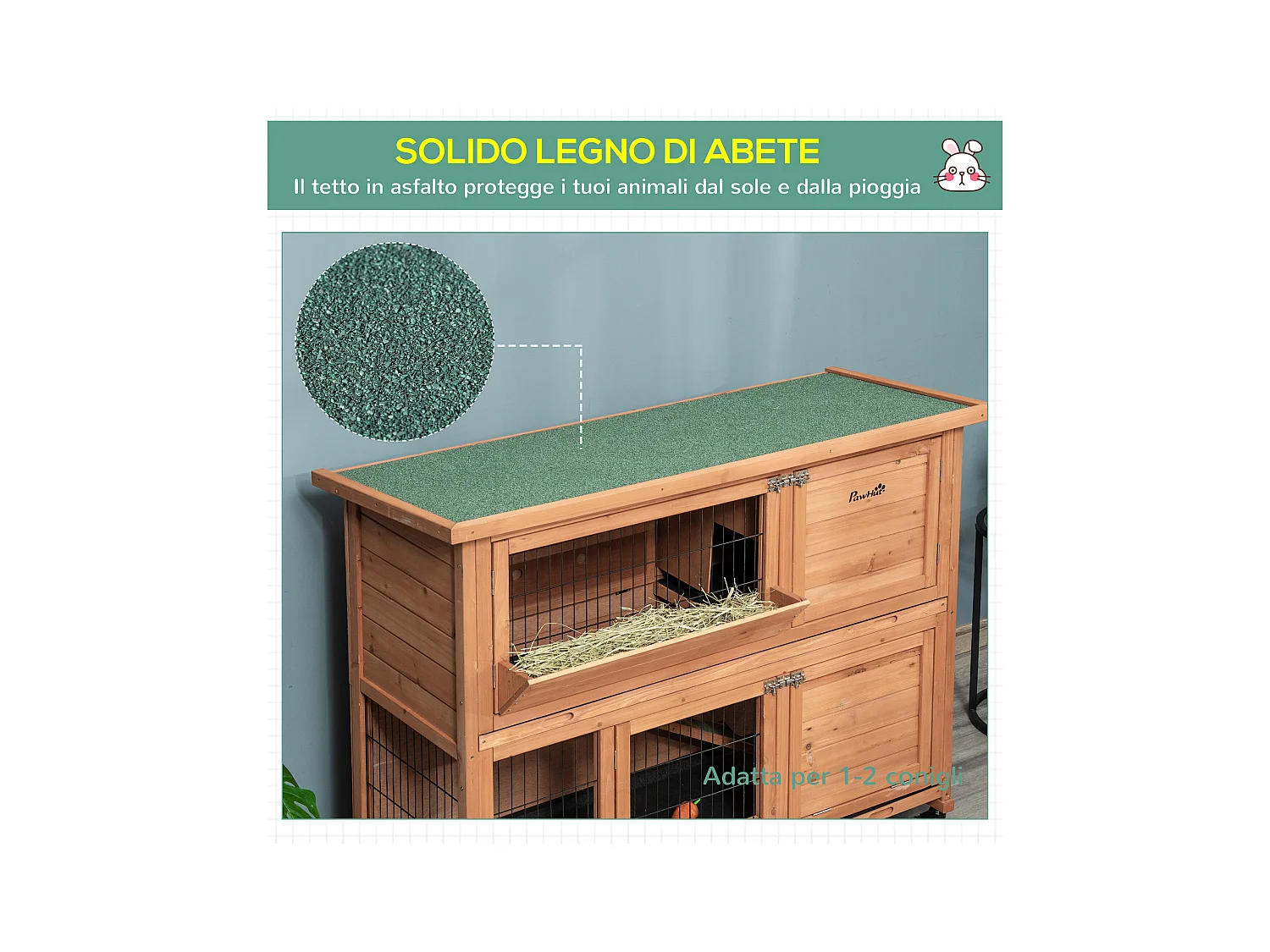 Conigliera in legno a 2 livelli con ruote vassoio estraibile rampa