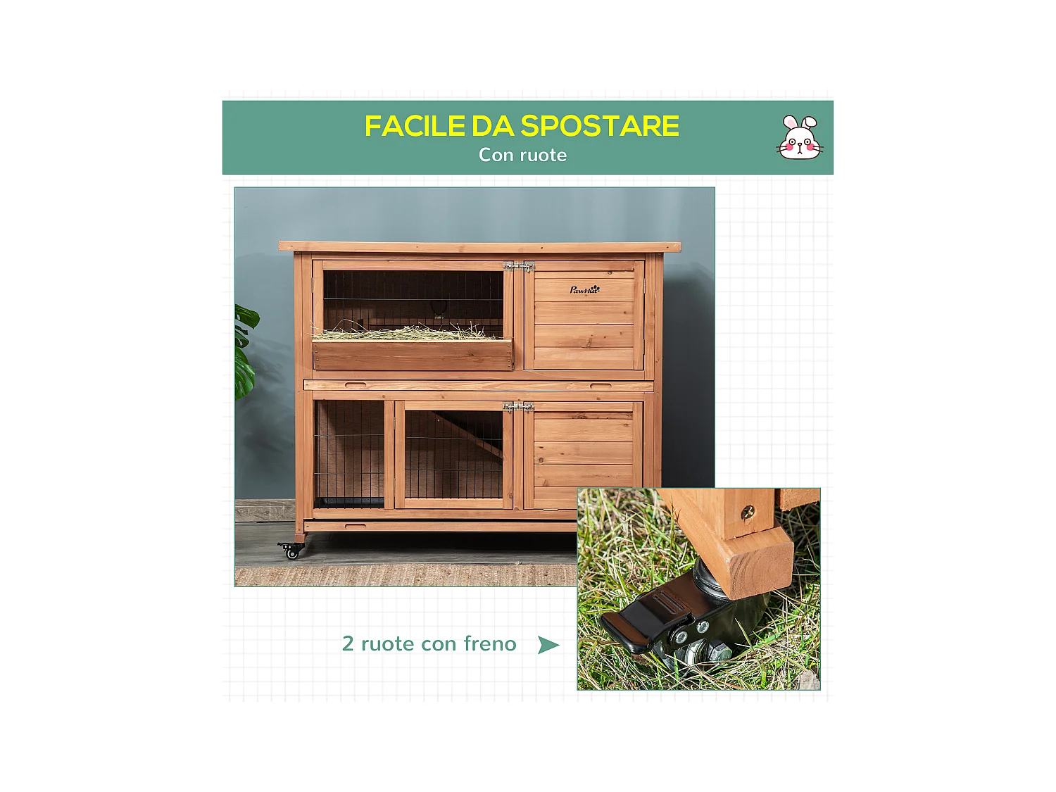 Conigliera in legno a 2 livelli con ruote vassoio estraibile rampa