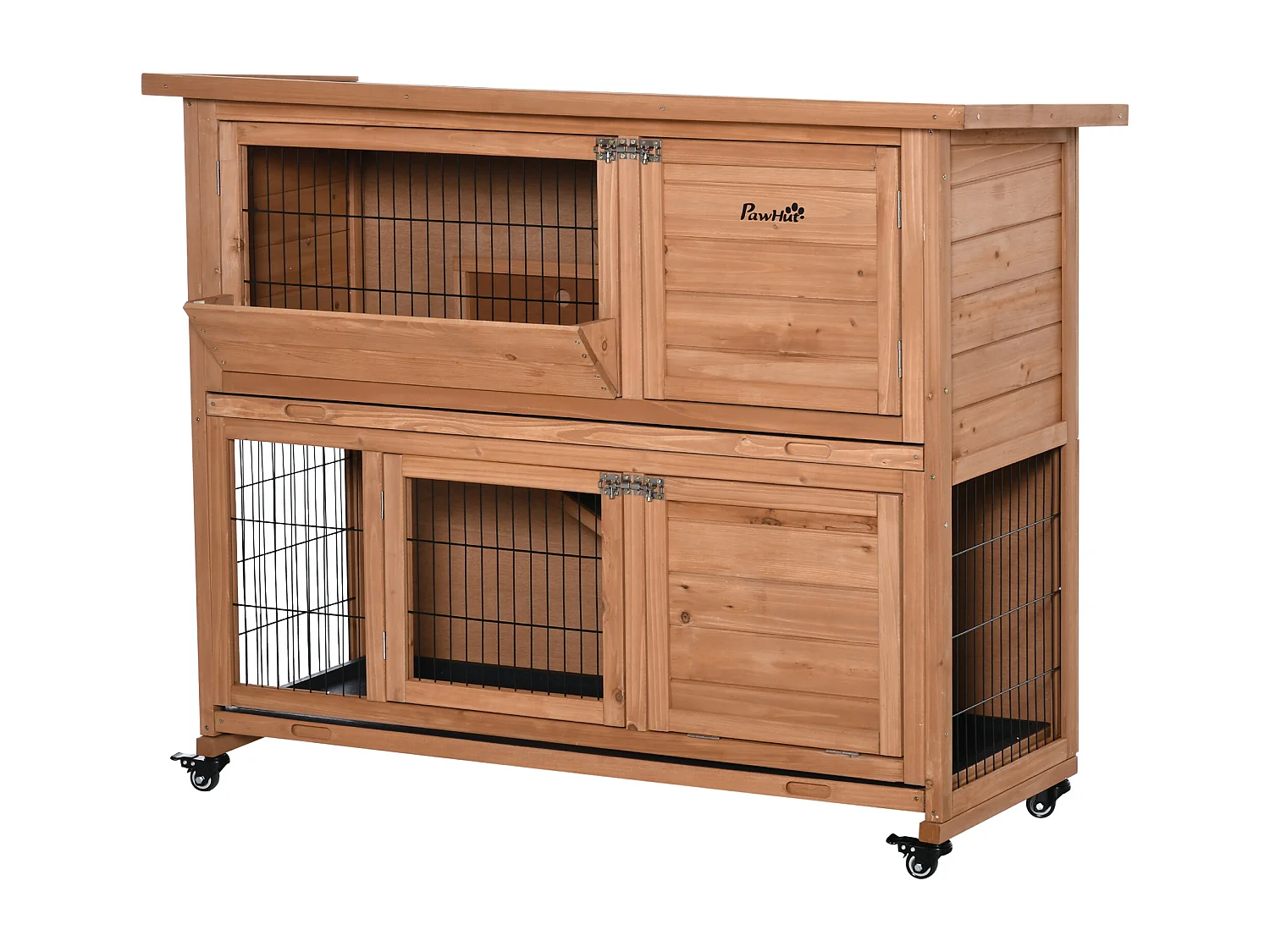 Conigliera in legno a 2 livelli con ruote vassoio estraibile rampa