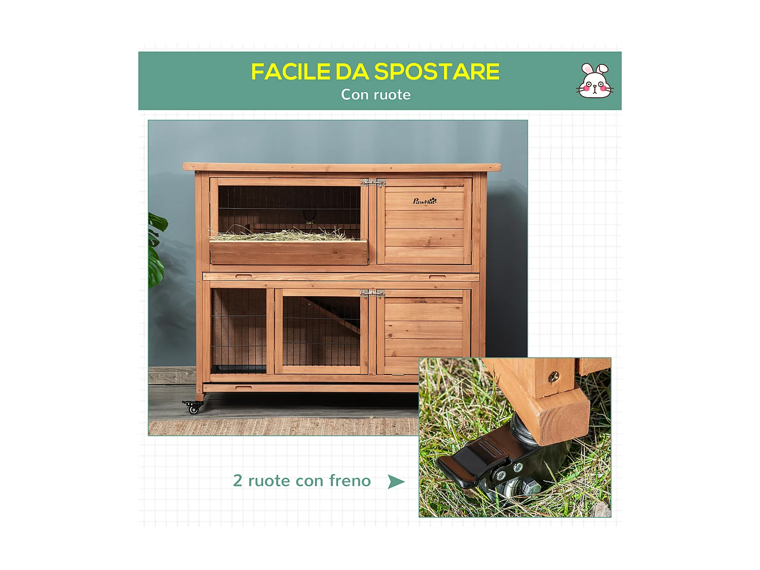 Conigliera in legno a 2 livelli con ruote vassoio estraibile rampa