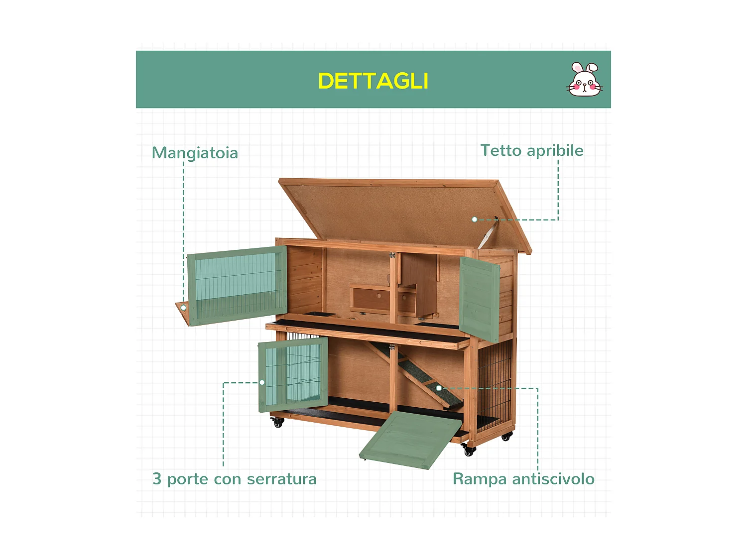 Conigliera in legno a 2 livelli con ruote vassoio estraibile rampa