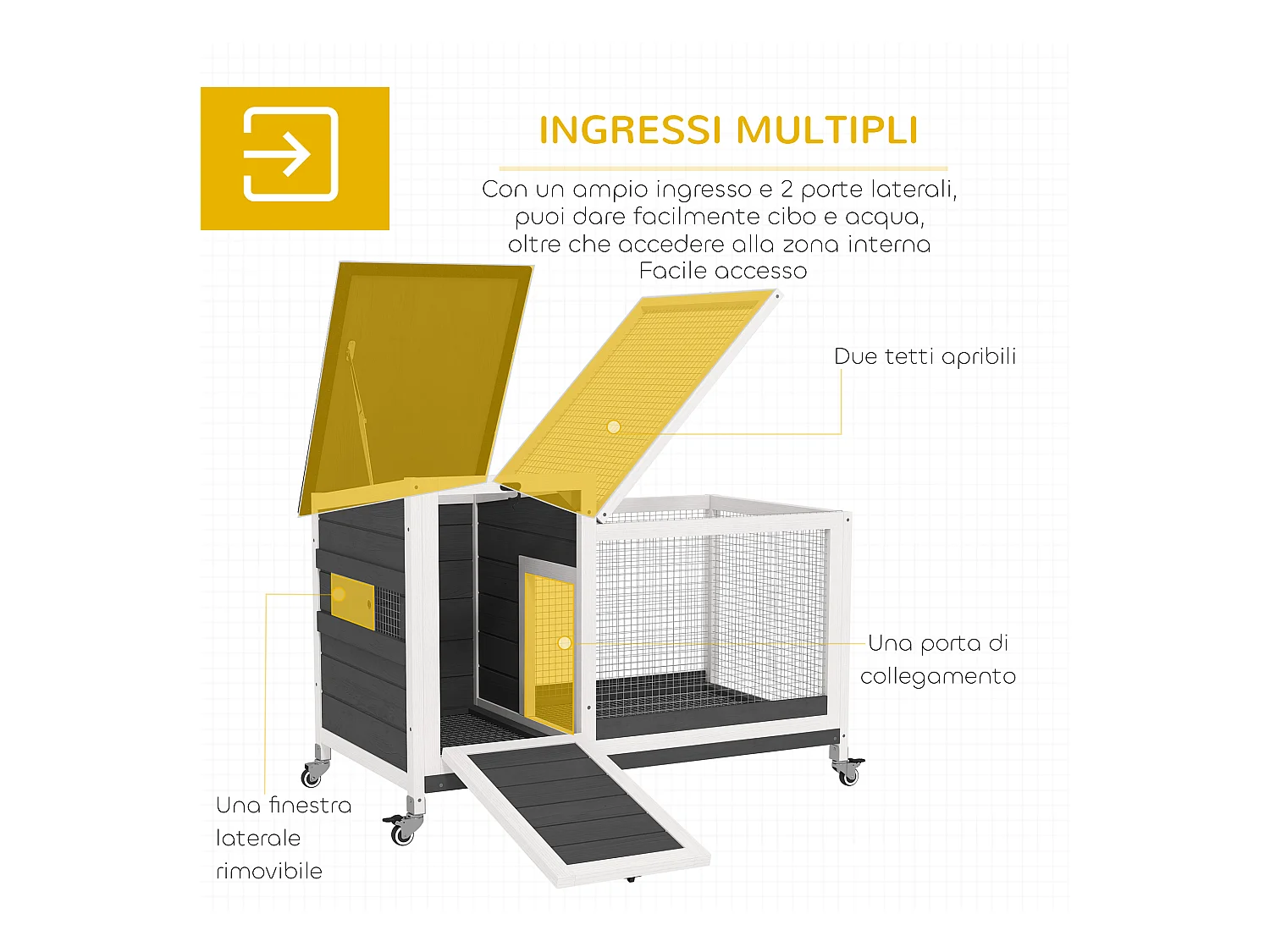 Conigliera da esterno a rotelle con vassoio estraibile multicolore