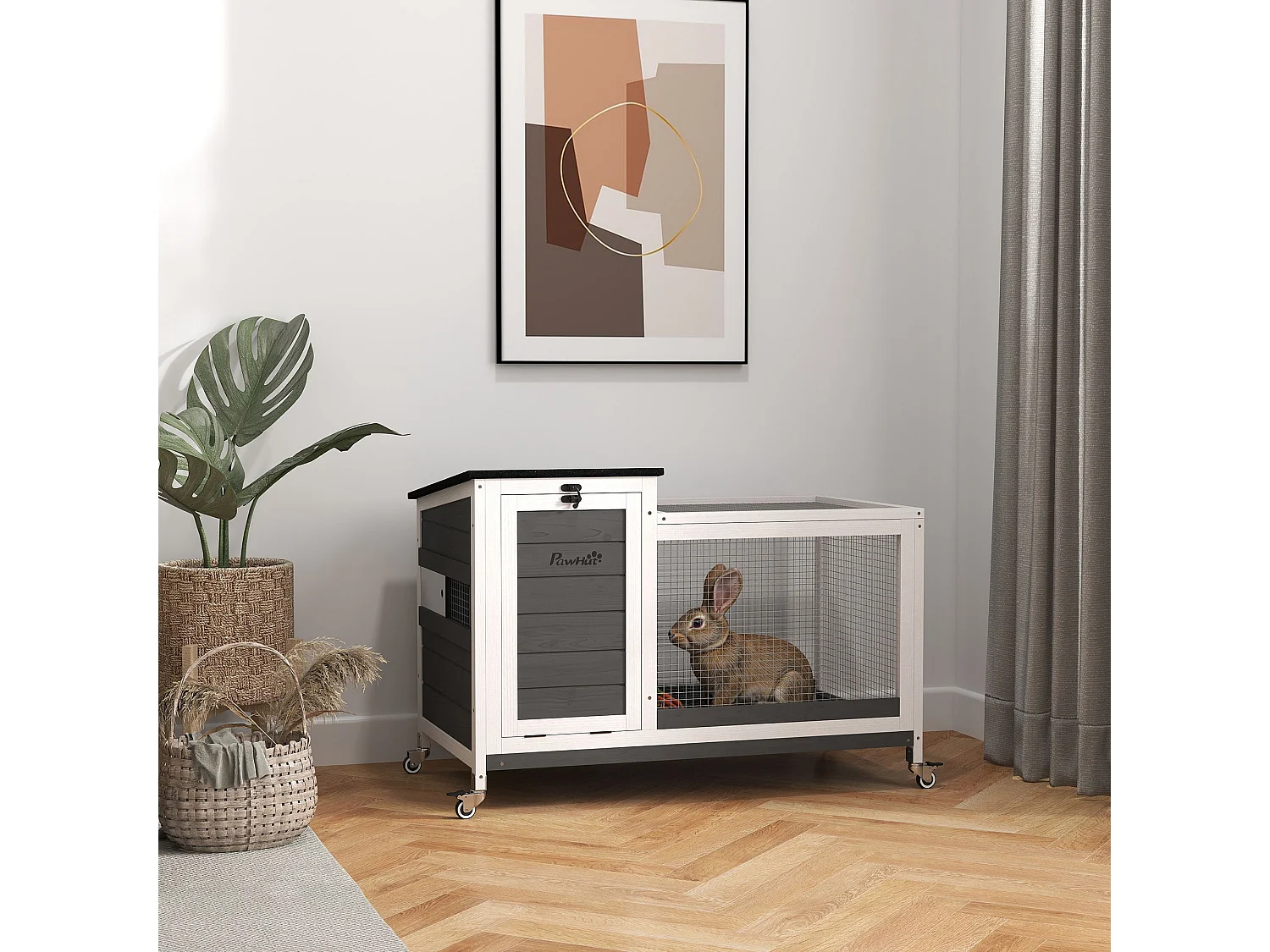 Conigliera da esterno a rotelle con vassoio estraibile multicolore