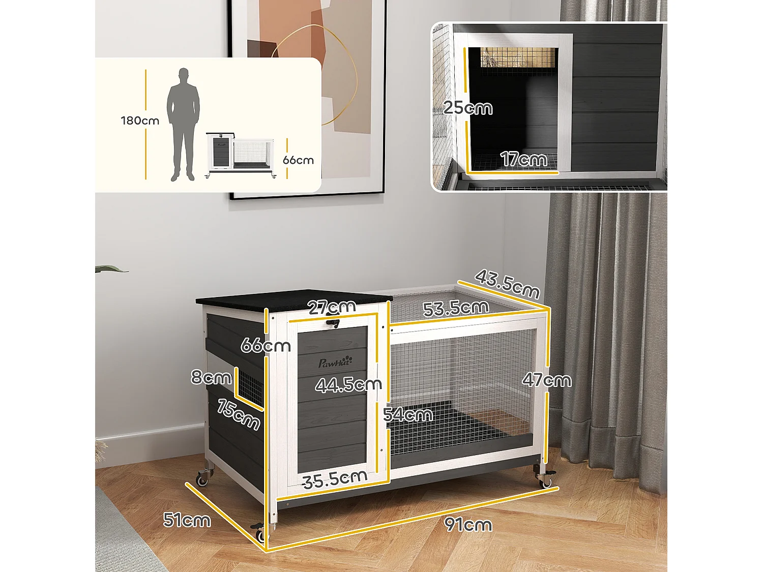 Conigliera da esterno a rotelle con vassoio estraibile multicolore